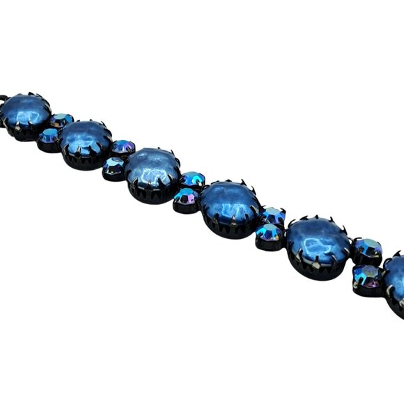 Vintage Regency Rhinestone Bracelet Blue Aurora Borealis Baroque Pearl Unsigned - Picture 10 of 14
